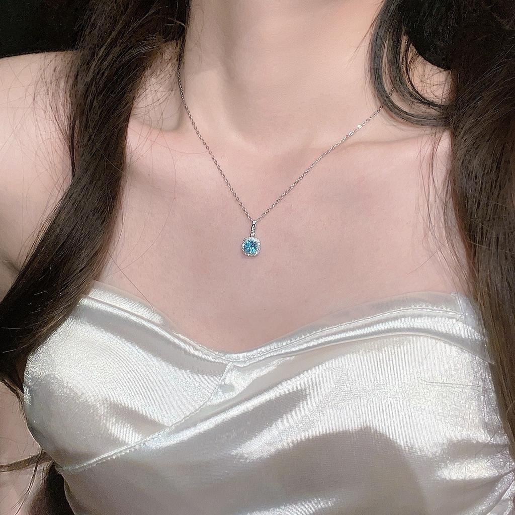 925 Sterling Silver Exquisite Sparkling Blue Square Zircon Pendant Necklace for Women Wedding Party Jewelry