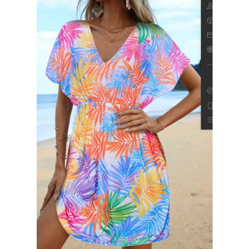 Women's Tropical Leaf Print Beach Cover Up Dress, V-Neck Sheer Swim Cover Up