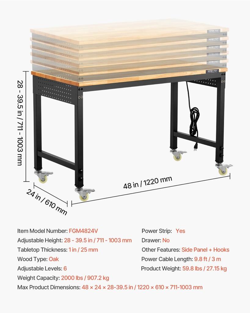 48" Workbench on Wheels Adjustable Height Table with Power Outlet & Pegboard