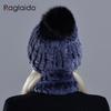 Rabbit Fur Pompom Hat Ring Scarf Set Women's Winter Fashionable Natural Fur Knitted Caps Neck Warmers for Girls Female