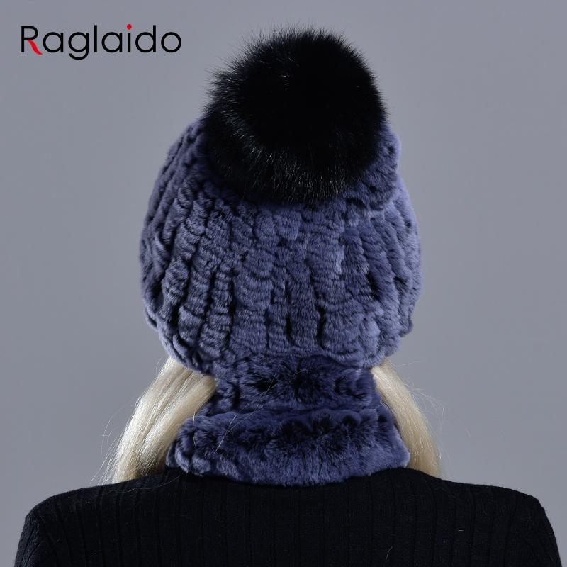 Rabbit Fur Pompom Hat Ring Scarf Set Women's Winter Fashionable Natural Fur Knitted Caps Neck Warmers for Girls Female