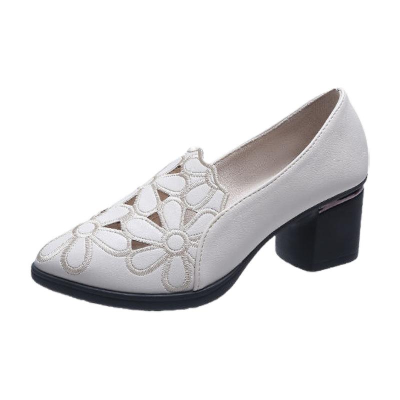 Soft leather soft sole low-top single shoes women's flat bottom 2025 summer new thick heel pointed hollow flower work leather shoes women