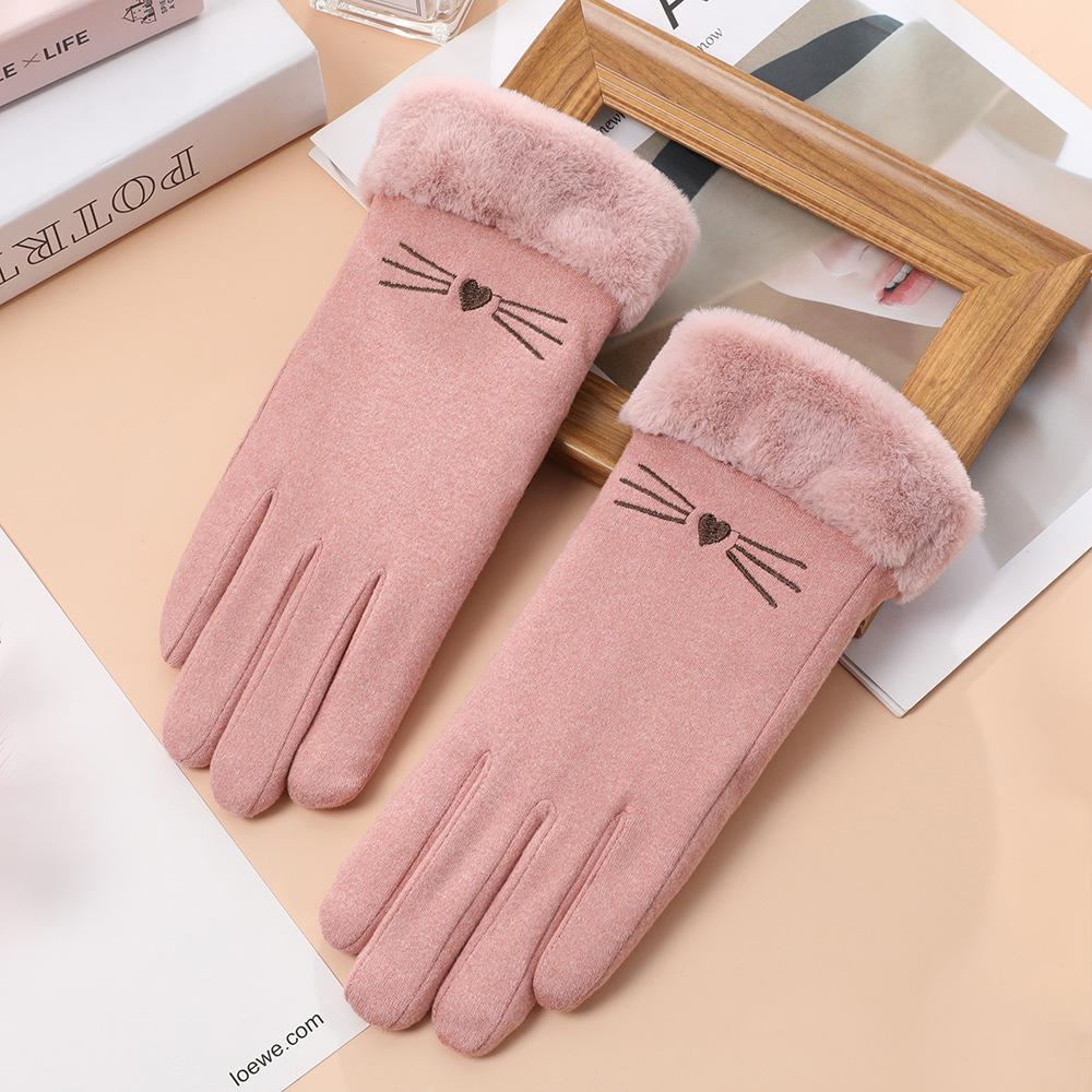 Women's Touchscreen Fleece Cycling Gloves - Cartoon Style, Thickened, Cold Weather Protection
