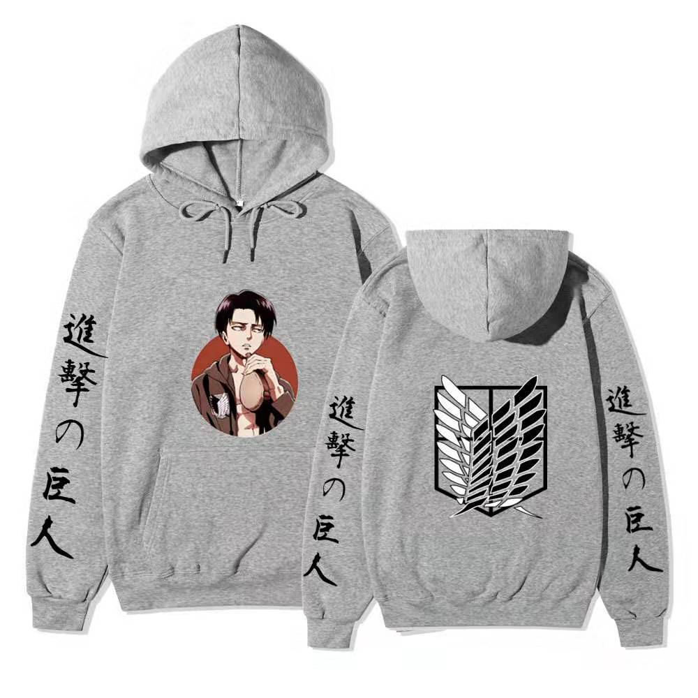 Attack On Titan Levi Ackerman Hoodie Unisex Fleece Sweatshirt, Front Character Print, Back Wings Logo, Japanese Sleeve Text, Autumn Winter Pullover