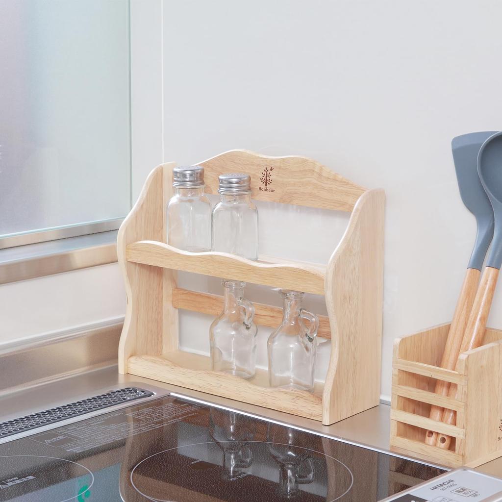 Fujiboeki Spice Rack 2-Tier Natural Wood Kitchen Storage Bonheur 94383 30cm Width 9.5cm Depth 26cm Height