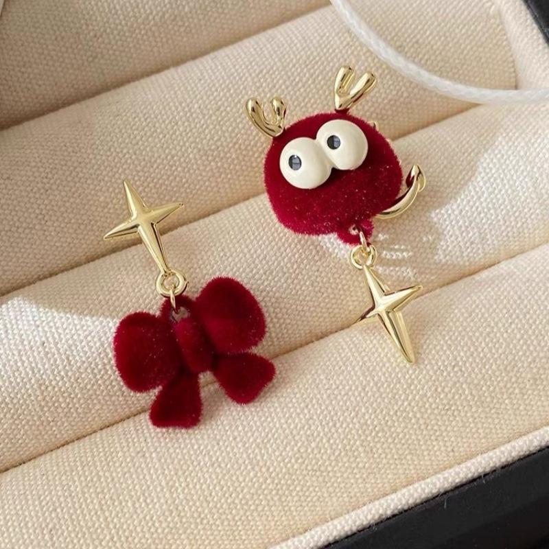 Fashion Atmospheric Red Velvet Bow Earrings Femininity Sweet Flower Long Fringed Versatile Earrings