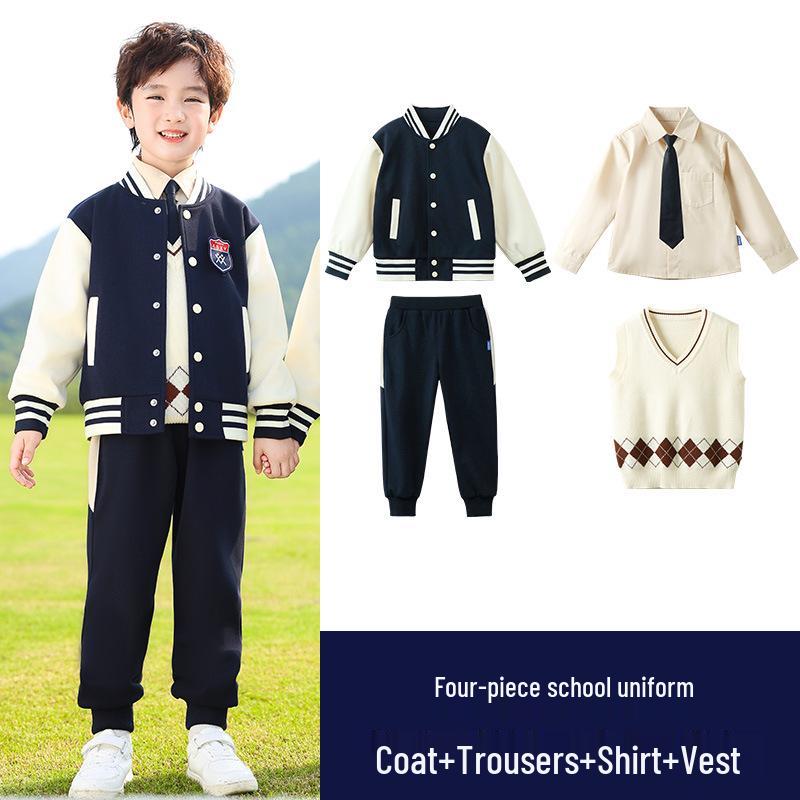 Conjunto de Uniforme Esportivo Infantil Azul Marinho: Conjunto de Três Peças Outono/Inverno para Jardim de Infância e Ensino Fundamental