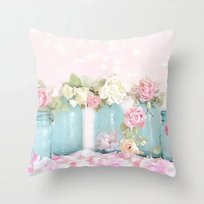 Home Decor Pink Roses and Love Pattern Pillow Cover Pattern Cushion Cover Suitable for Sofa Bedroom Car Pillow Cover