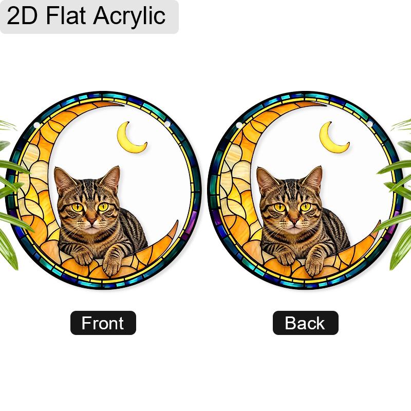 Acrylic Crescent Moon Tabby Cat Suncatcher, Stained Glass Style Window Hanging Ornament for Cat and Celestial Lovers