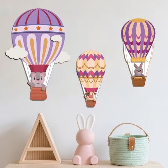 3Pcs Hot Air Balloon Wall Decor Cute Rabbit And Balloon Wooden Art for Nursery Kids Room Living Room Whimsical Hanging