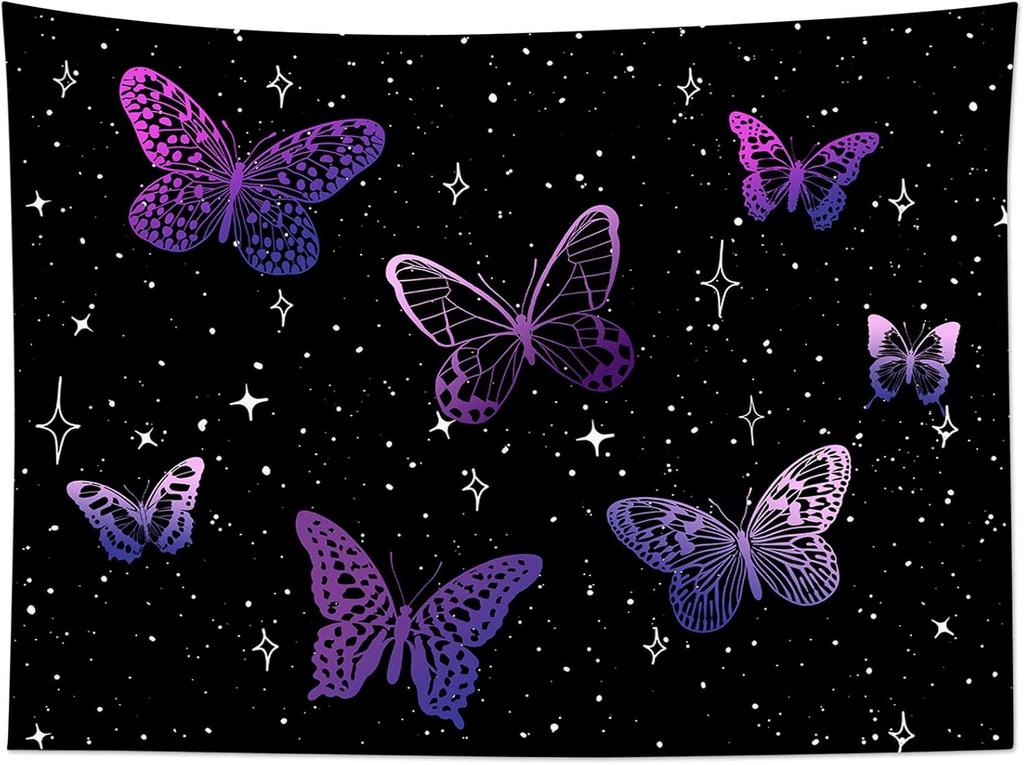 Purple Butterfly Tapestry Wall Hanging Black Starry Night Sky with Celestial Galaxy Wall Tapestry Bohemian Wall Decor Bedroom