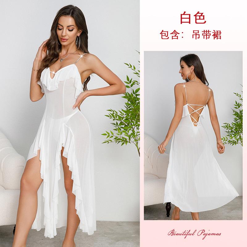 Export style, French irregular ruffled mesh nightdress, rhinestone straps, backless slit, sexy loungewear S
