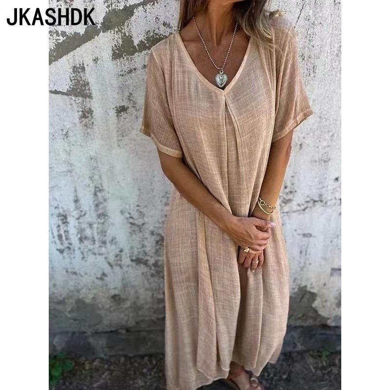 JKASHDK Moda Donna Estate Primavera Colore Unico Stampa Manica Corta Scollo a V Linea Vita Larga Abiti Casual