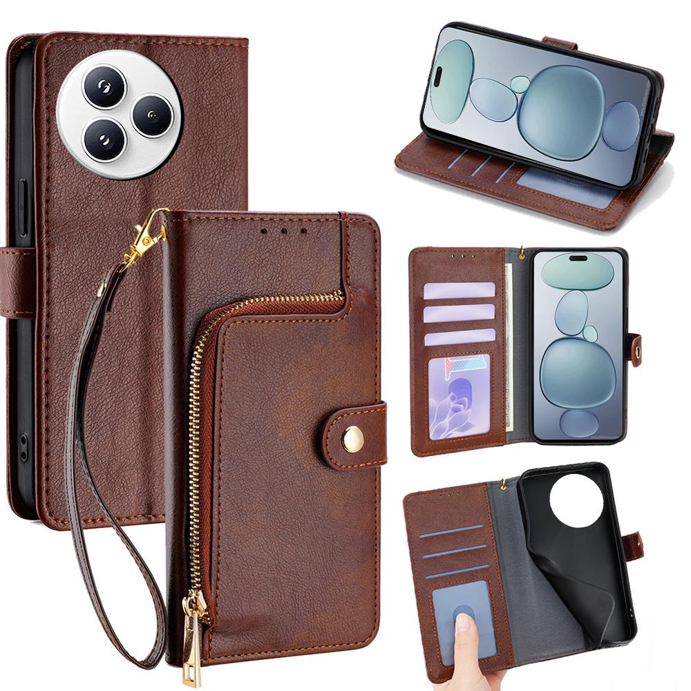 

Чехол для Xiaomi Civi 5 Pro 5G с карманом на молнии, кошелек из ПУ кожи, откидная крышка для телефона с ремешком на запястье Brown