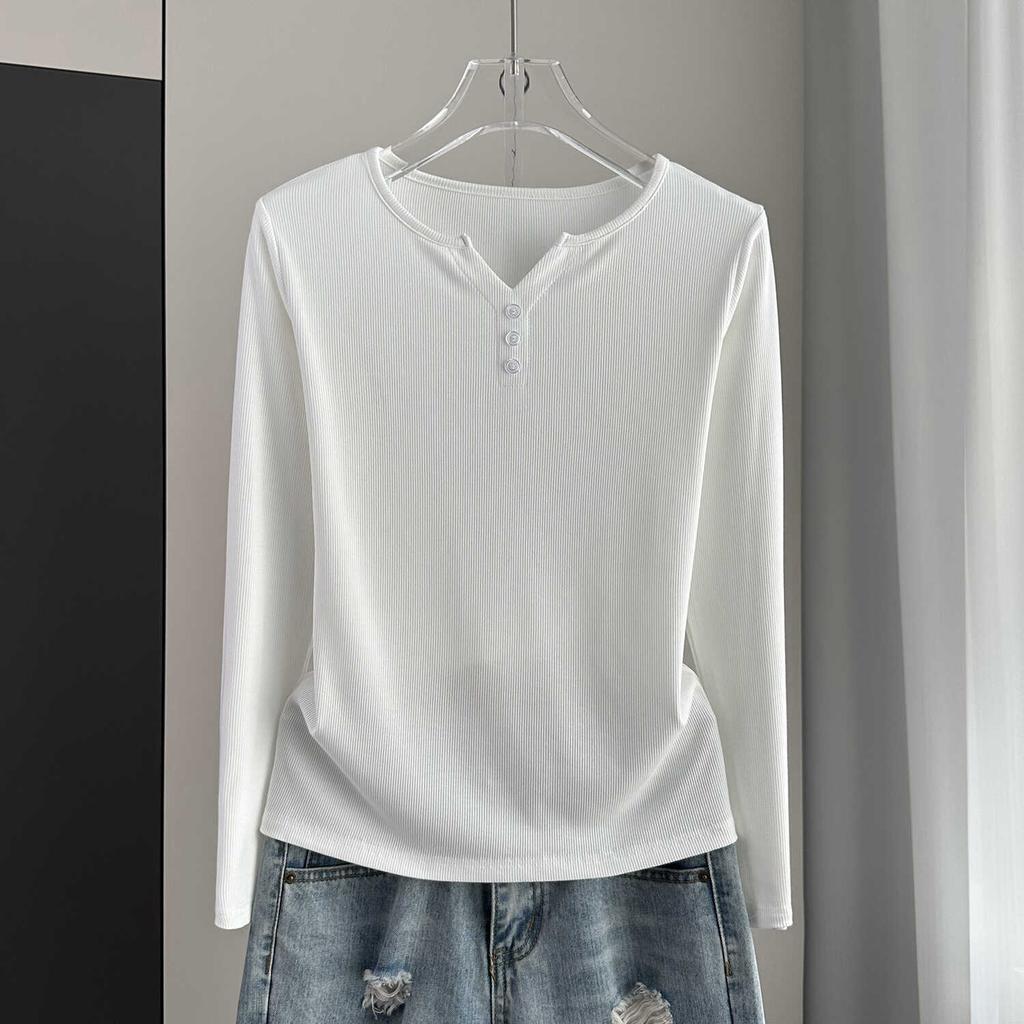 Stylish Long Sleeve T-Shirt Ribbed Slim Standard Shoulder Top For Autumn Stretchy Slim Base Layer Soft Ribbed Fabric Good For Inner And Outer Wear Top