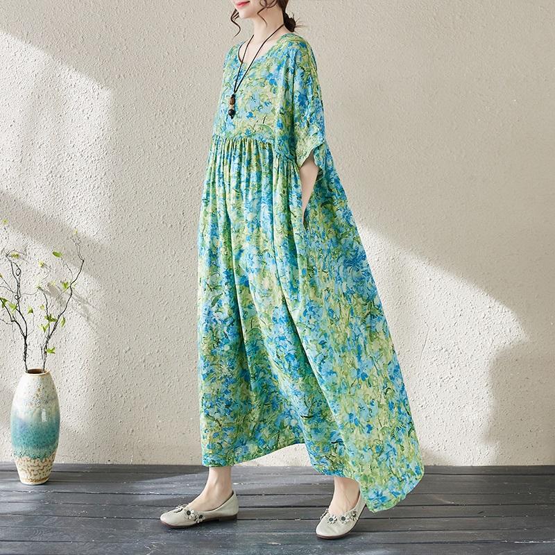 Krótki rękaw Plus rozmiar bawełna vintage kwiatowy nowy w sukienkach dla kobiet na co dzień luźne długie lato