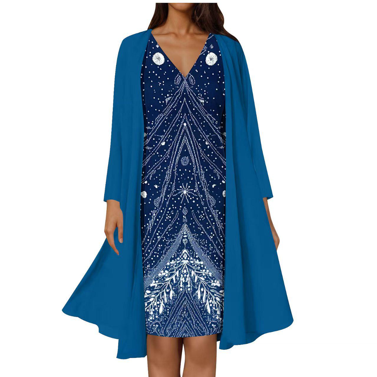 

3D Print Long Chiffon V-Neck Dress Set with Long Sleeve Shirt - European and American Spring/Autumn Style XXXL синий