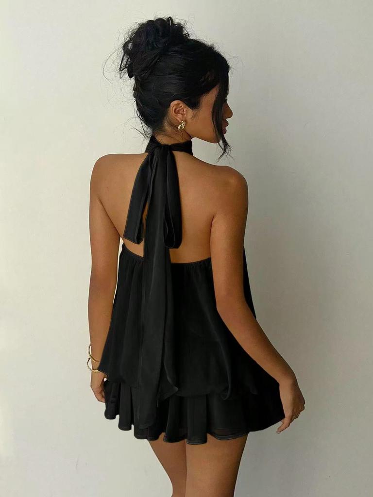 Europäisches & Amerikanisches Einfarbiges Schlankes Rückenfreies Neckholder-Kleid mit Flauschigem Rock - Damen Urlaubsbekleidung