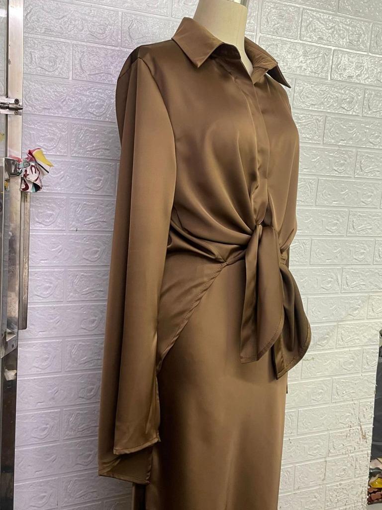 2025 Autumn European & American Satin Shirt and Bodycon Skirt Set with Flared Sleeves and Turn-Down Collar for Women