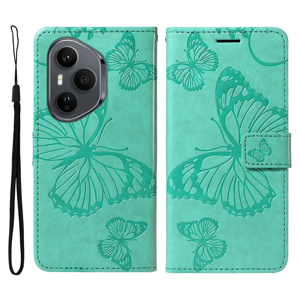 

Для Honor 400 Pro 5G (Глобальний) Чохол-гаманець Шкіряний чохол для телефону з квітковим та метеликовим тисненням, підставка Green