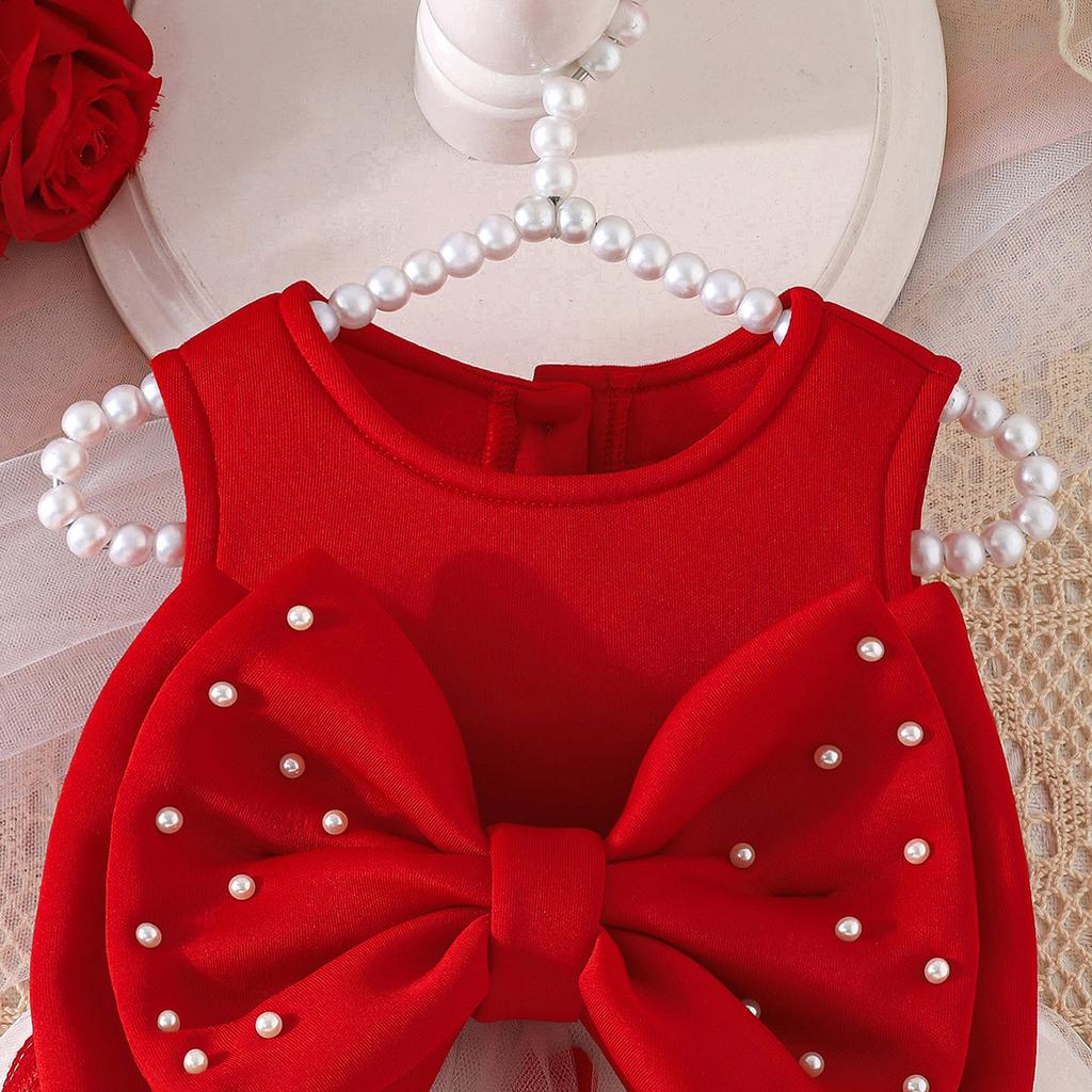 Sommer Neues Mädchen Prinzessinnen-Stil Kleid Rot und Weiß Herz Schleife Lebendiger Niedlicher Stil