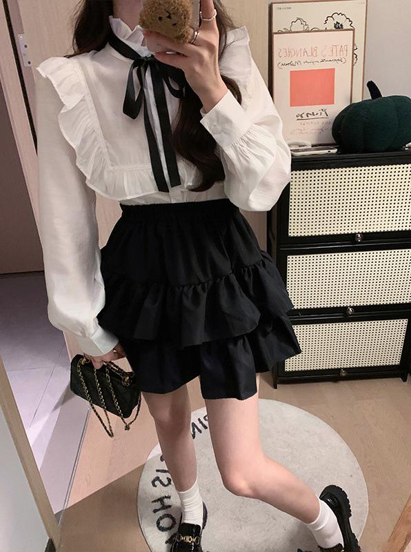 

Women s Plus Size White Ruffle Long Sleeve Shirt & High-End Puff Skirt 2XL (recommended for 67-75 kg)