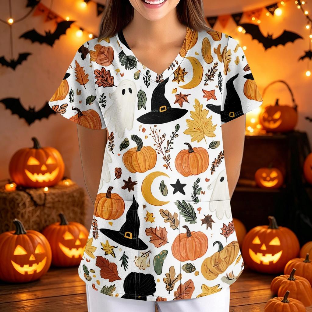 Women V Neck Short Sleeve Scrub Top with Halloween Print Loose Fit Nursing Uniform with Pockets for Healthcare Work