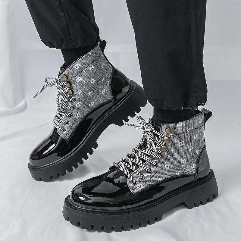 Herbst dicke Sohle höhenverstellbar Lederstiefel Britischer Stil große Größe glänzende Kleider Freizeitschuhe High-Top Lederschuhe Kurzstiefel Herrenschuhe