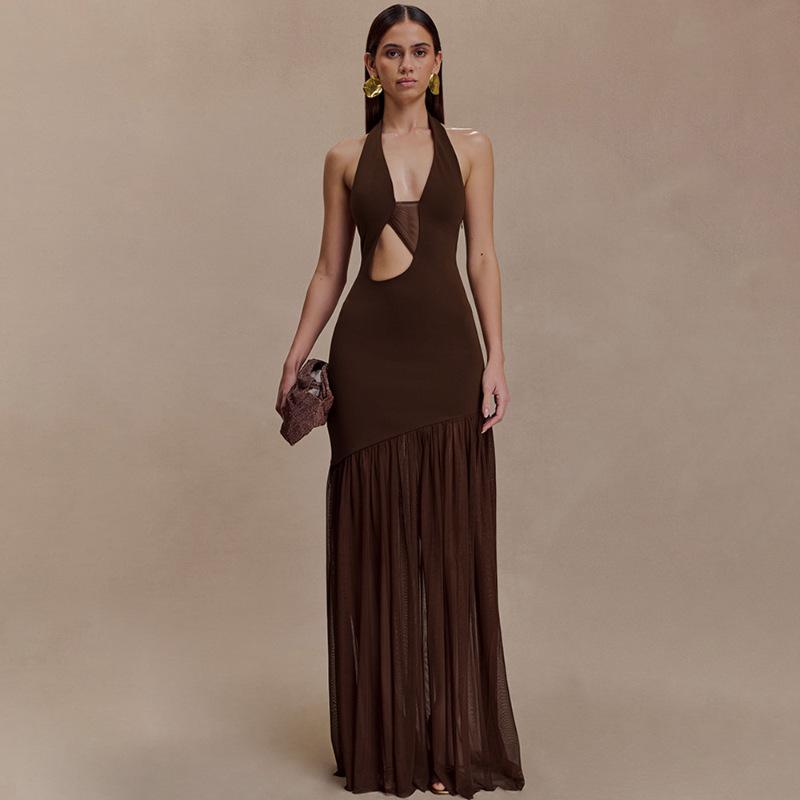 Autumn fashion temperament new neck women s long dress sexy hollow pleated backless dress S темно-коричневого
