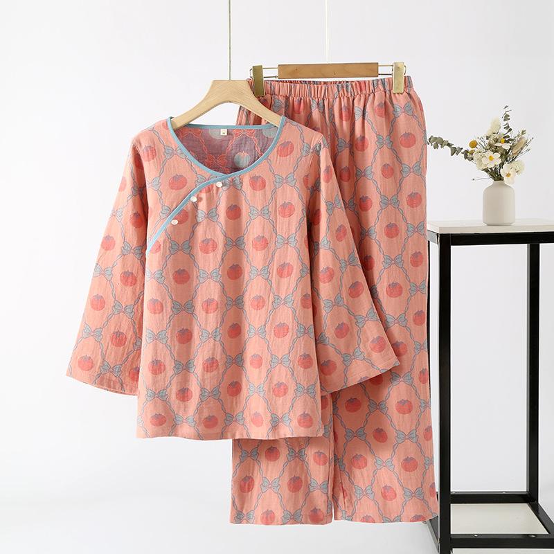 Spring and autumn pajamas women's pure cotton yarn-dyed gauze pajamas nine-quarter-sleeved diagonal placket loungewear set