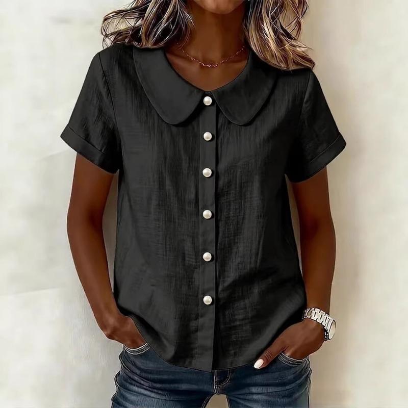 Womens Peter Pan Collar Buttonwomens peter pan collar blouse Front Short Sleeve Blouse