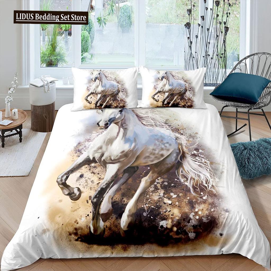 White Horse Duvet Cover Set Queen Size 3D Steed Print Bedding Sets Wildlife Comforter Cover Animals Bedspread Cover Quilt Cover