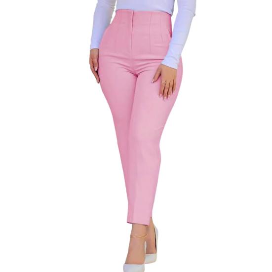 

Women Pants High Waist Slim Fit Casual Trousers with Pockets Pure Color Hip-Hugging Tight Legs Long Pants Daily Wear M рожевий
