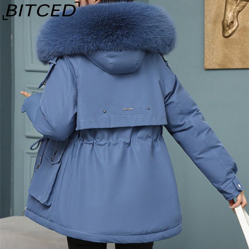 BITCED Women's Fleece-Lined Thickened Puffer Coat - Short Winter Style with Large Fur Collar, Slim-Fit and Flattering Cotton-Blend Outerwear