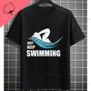 Unisexs Casual Swimmer Graphic Tshirt Black With Dynamic White Swimming Silhouette Design Shortsleeve Crewneck Pure Cotton Tee
