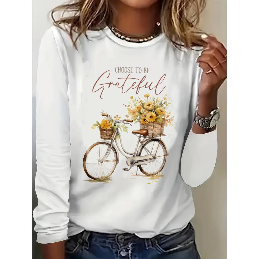 Vintage Choose to Be Grateful Bicycle Graphic T Shirt Women's Casual Long Sleeve T-Shirt Crew Neck Top Tee Tshirt