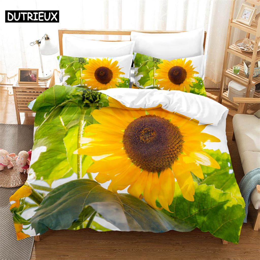 Floral Quilt Cover Queen Size Sunflower Duvet Cover 3D Bedding Set 3Pcs 2Pcs With Pillowcase King Full Twin Single Double Beds