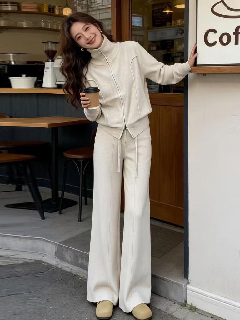 Korean Style Knit Sweater & Wide Leg Pants Set - Women's Spring/Autumn Slimming Hoodie Sportswear Two-Piece Set
