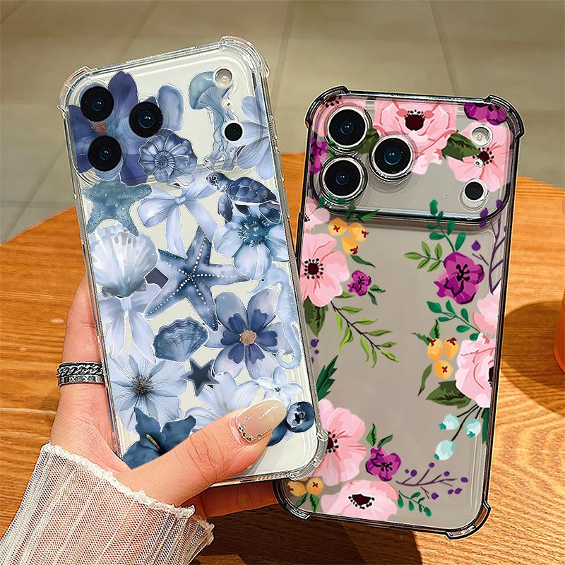 Floral Flower Patterned Silicone Phone Case For iPhone 17 Pro Max 16 15 14 Pro Max 13 12 Pro 11 Shockproof Soft TPU Clear Cover
