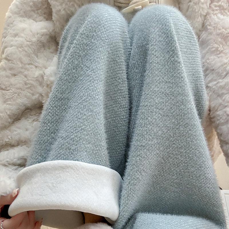 Kordelzug High Waist Plüschhose für Damen Winter Fleece Gerade Weiter Bein Lässige Hose Frau Locker Verdickt Warme Hose Mujer