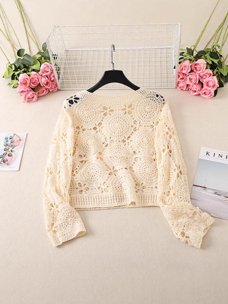 Plus Size Red Crochet Knit Sweater with 3D Floral Design for Women