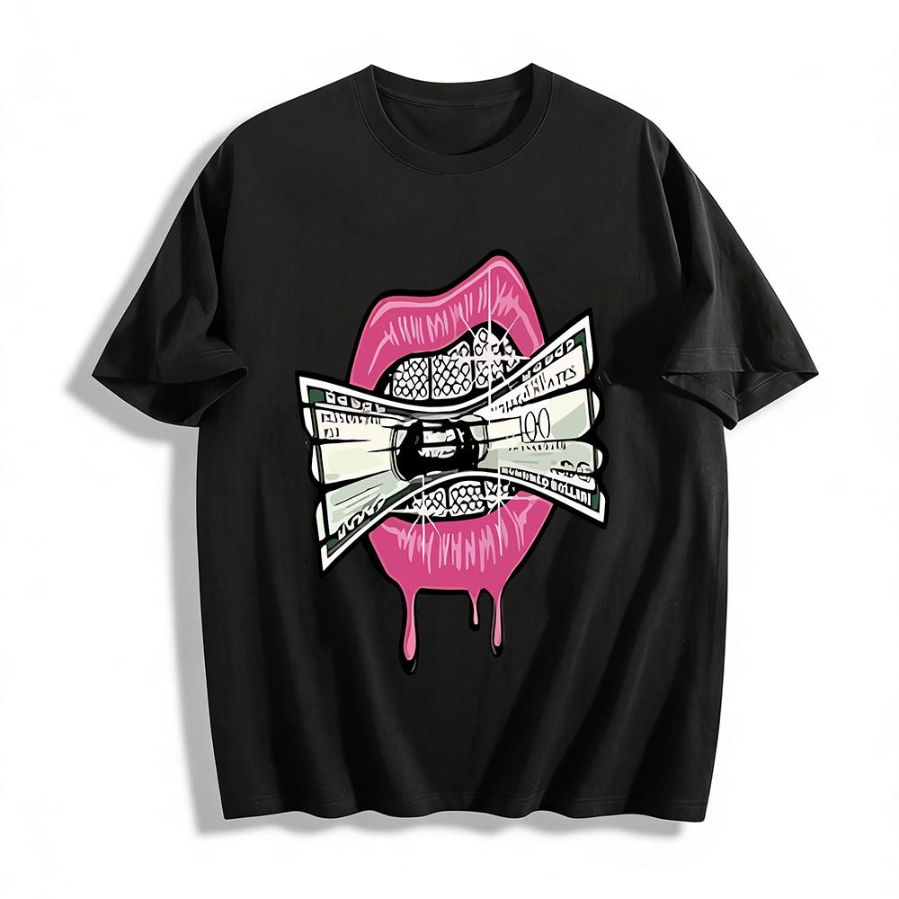 

Hip Hop Style Diamond Grills Spitting Dollar Print T-shirts Street Trendy Oversized Crewneck Tops Pure cotton T-shirt XXS