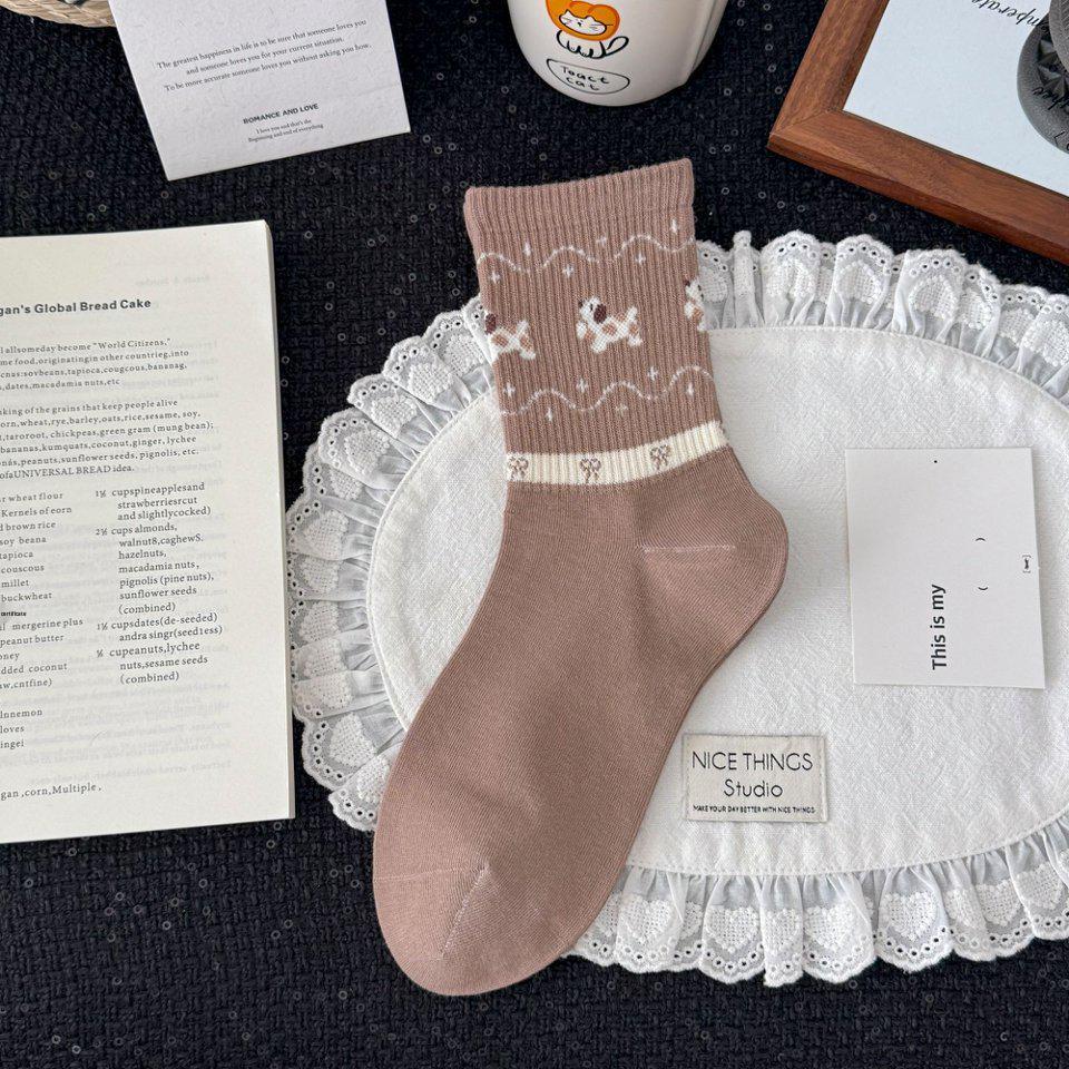 Cute Puppy Embroidered Mid-Calf Socks - Spring/Summer Japanese Style Rolled Cuff Cotton Socks for Girls