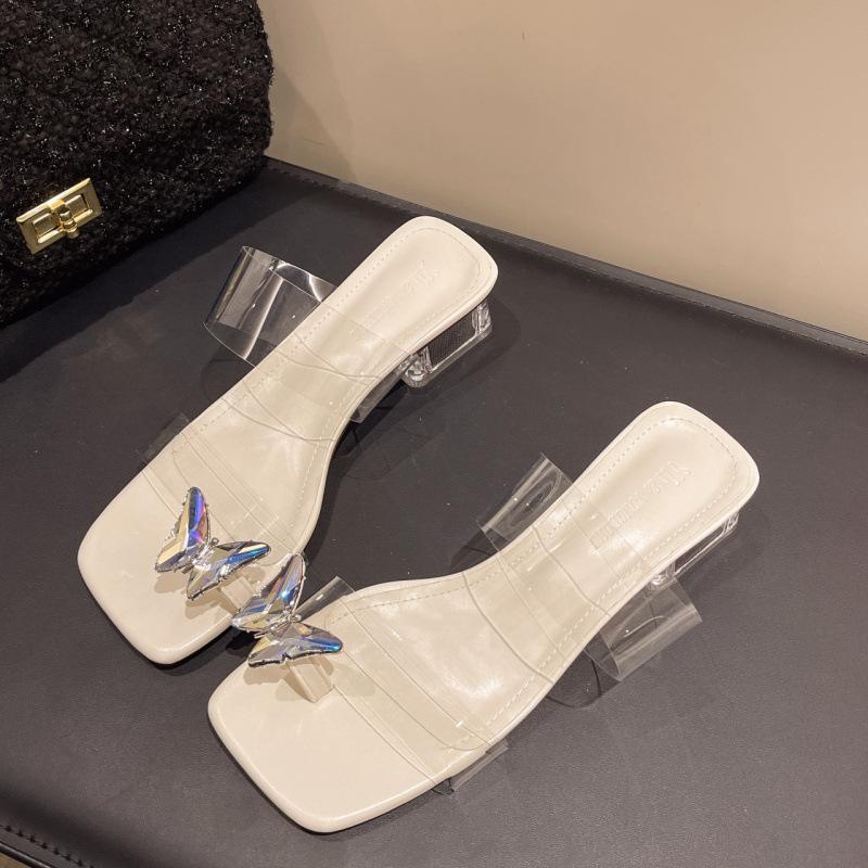 Funkelnder Schmetterling~ Transparentes Zehensandalen-Set für Damen, neu mit mittlerem Absatz, mit silbernem Lackleder, hochhackigen, coolen Slippern
