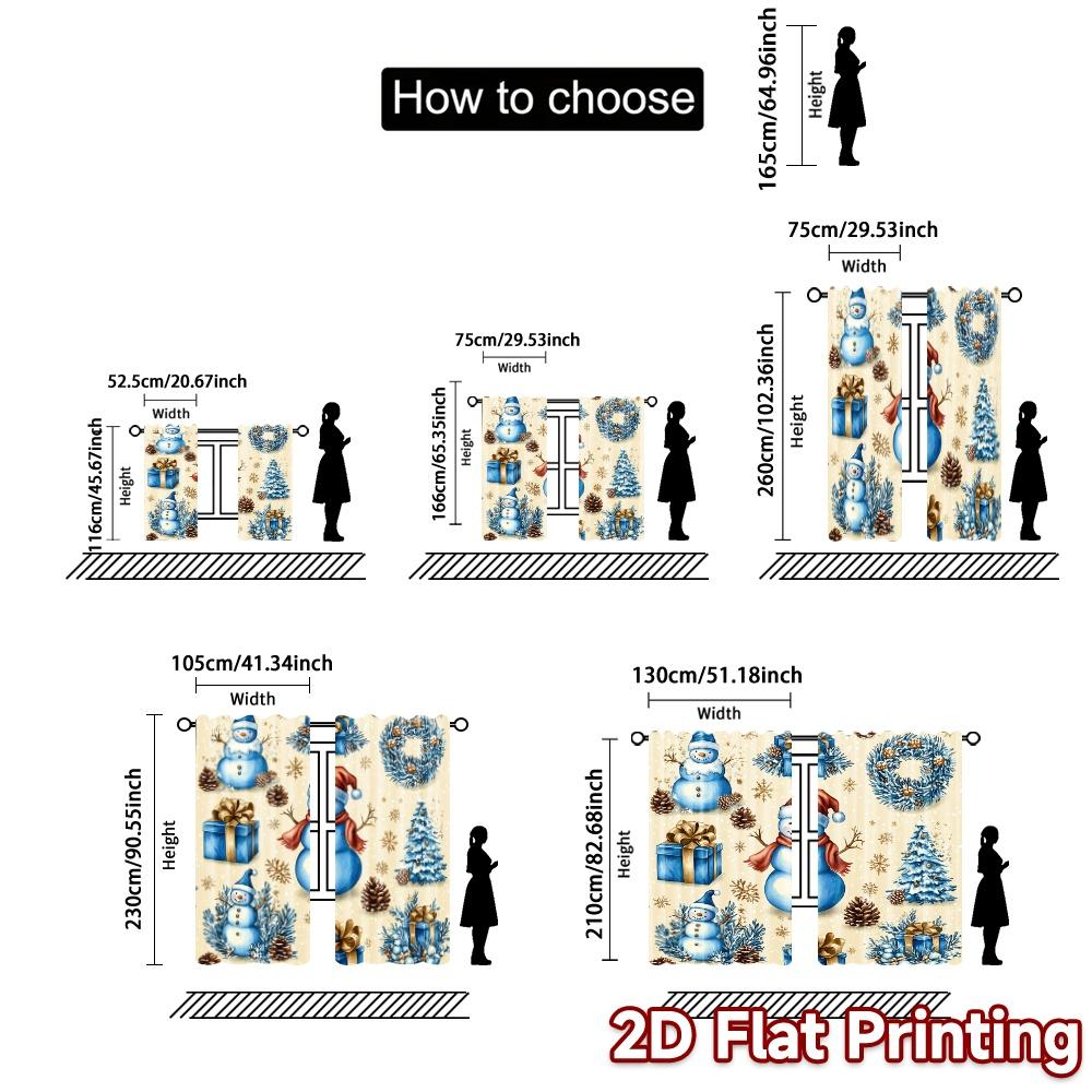 2pcs,Curtains Cute Snowman Christmas Wreath Festive Season Chic Minimalist Curtains Polyester Easy Install Curtains All Seasons