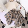 Girls Set 2025 Summer Children's Fashion Letter Short-sleeved Top Casual Plaid Irregular Pants Two Pieces