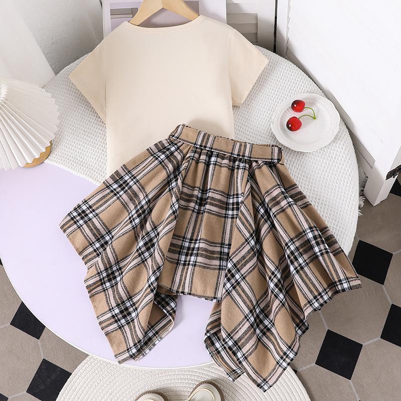 Girls Set 2025 Summer Children's Fashion Letter Short-sleeved Top Casual Plaid Irregular Pants Two Pieces