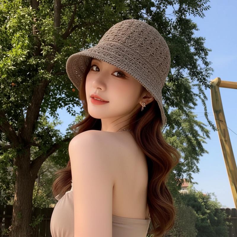 Women's Summer Colorful Knitted Bucket Hat - Fashionable, Hollow Design, Versatile, Sun Protection for Outdoor Travel