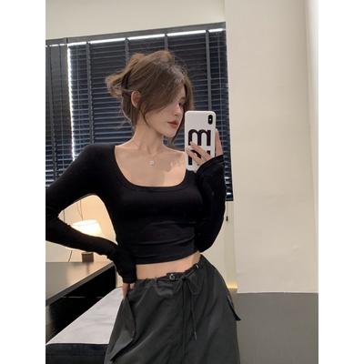 U Yaka İpli Uzun Kollu Tişört Kadın İlkbahar Saf Seksi Kısa İç Dar Kesim Slim Fit Temel Tişört Üst
