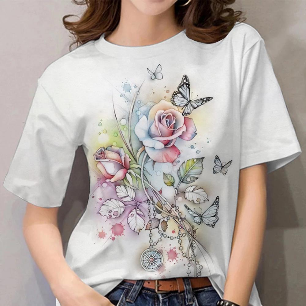Summer Round Neck 3D Butterfly Flower Pattern Print Top Fashionable Casual Short Sleeved Women's T-shirts